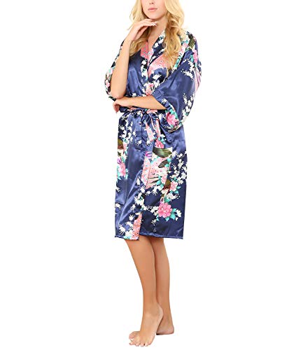 LA DEARCHUU Kimono Dressing Gowns for Women, Satin Kimono Robe Bridesmaid UK Size 8-10 Peacock Blossoms Nightwear Bath Navy Dressing Gown Lingerie Dressing Gowns for Pyjamas Party, Wedding