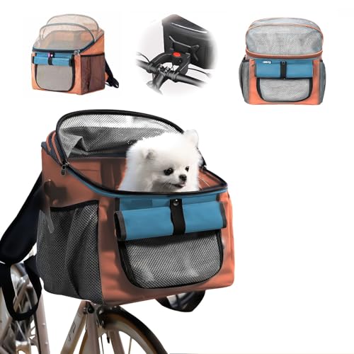 Fahrradkorb für Hunde, Fahrradtasche für Haustiere Faltbarer Fahrradkorb Vorne für Hunde 2 IN 1 Faltbar Hundekorb Hunderucksack mit Lenkeradapter für kleine Haustier (Tragfähigkeit 5KG) (Orange)