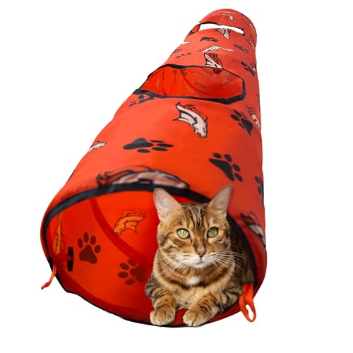 NFL Denver Broncos Cat Tunnel Tube Toy with Plush Football Catnip and Feathers Collapsible Tunnel for Cats to Play, Peek and Hide, Sporty & Fun Cat Tunnel Toy with Team Logo All-Over Design!