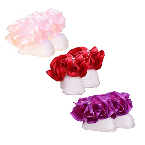 3 Pairs 3D Three-dimensional Ruffled Lace Cotton Socks,Cute Double Big Lace Dress Princess Socks for Girls (3Pairs-Pink/Red/Purple, 0-12 Months)