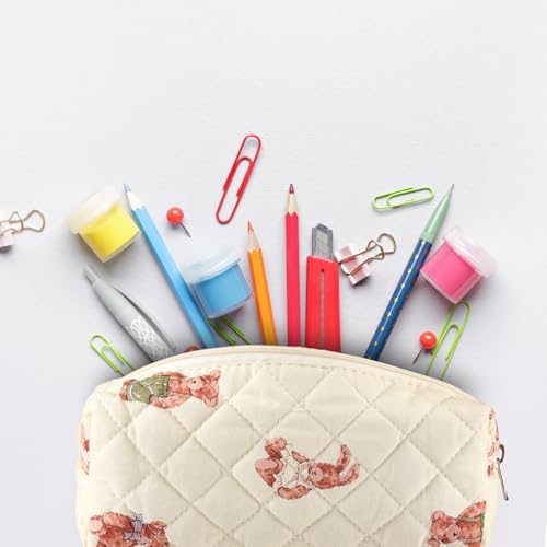 Image of Sherr Bear Pencil Case Beige Cute Pencil Pouch Soft Cotton Quilted Storage Bag Aesthetic Pattern Gift Makeup Pouch Cosmetic Travel Bag for Women