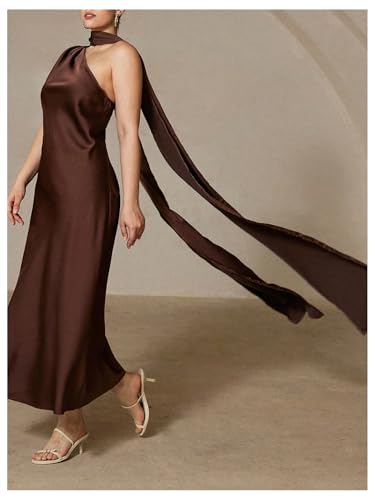 SOLY HUX Women's Plus Size One Shoulder Satin Dress Sleeveless Party Prom Midi Dresses with Scarf3