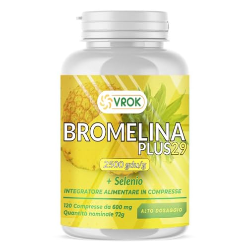 VROK Bromelina Forte Drenante Naturale 120 Compresse 2500GDU - Integratore Ananas + Selenio x Microcircolo, Cellulite e Ritenzione Idrica Gambe
