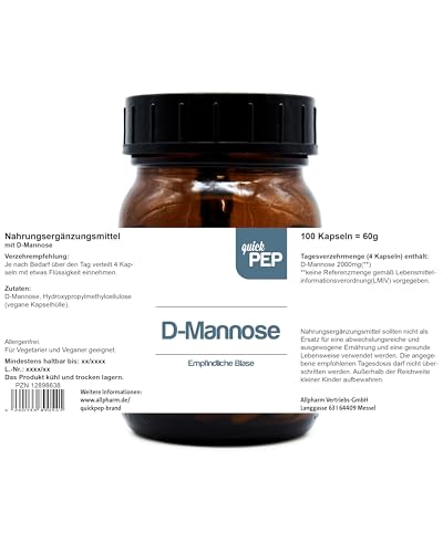quickPEP D-Mannose Kapseln hochdosiert 100 Stk. - 2000mg reine Mannose pro Tagesportion, Vegan & Allegen-frei, Ohne Zusätze