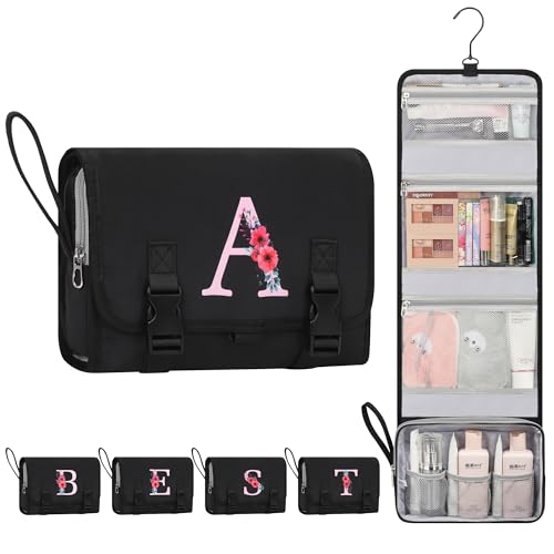 Relavel Birthday Gifts for Girls Women - Hanging Toiletry Bag for 13 14 15 16 17 18 Years Old Teen Initial Makeup Bag for Teacher Graduation Gift, Personalized Travel Cosmetic Bags - Black A