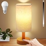 Cordless Table Lamp, 2200mAh Battery Operated Desk Lamp, Touch Bedside Lamps for Night Stands, Warm Light Mini Boho Lamp, Wood Base Round Flaxen Fabric Shade for Living Room,LED Bulb Included (Beige)