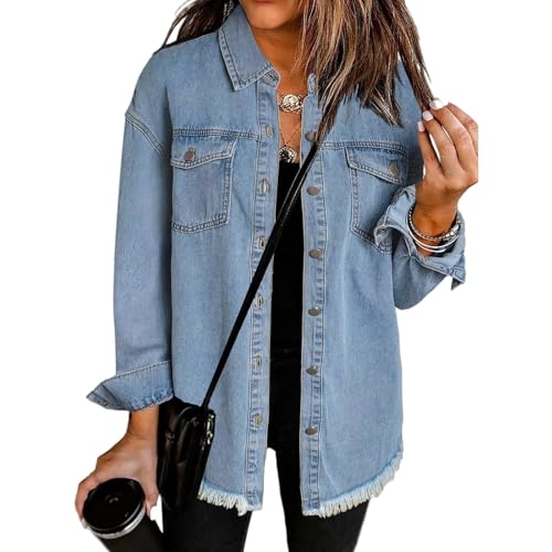 Denim Jacket for Women Oversized Boyfriend Jean Jacket Button Up Frayed Hem Shacket Distressed Ripped Denim Jackets2