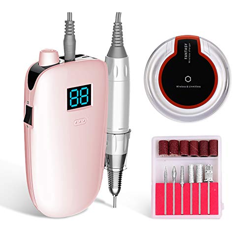 NanaDay Professional Rechargeable Nail Drill - 35000 RPM Rechargeable Portable Nail Drills Sets for Acrylic Gel Nails Shape Carve Polish with 6 Bits and Sanding Bands (PINK)