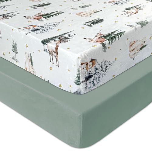 AMROSE 2 Pack Microfleece Crib Sheets, 28'' X 52'' Flannel Fleece Crib Fitted Sheets for Crib and Toddler Mattress Pad, Soft Comfy Warm Crib Sheets...