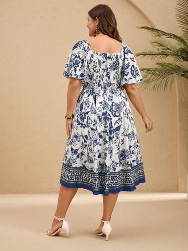 Image of SCOMCHIC Plus Size Summer Dress Casual Short Sleeve Bow Tie Deep V Neck Smocked Button Down Midi Flowy A-line Boho Dresses