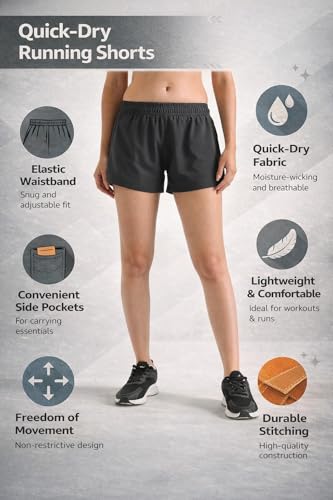 Image of Women's Athletic Running Shorts, Quick-Dry Lightweight Fabric, Elastic Waistband with Inner Drawstring, Side Pockets