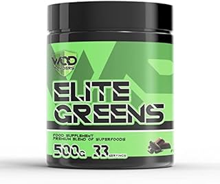 Elite Greens Superfood - WOD Powders | 34 Vegan Superfoods and Natural Ingredients, Green and Red Fruits, Berries,Vegetables, Prebiotics & Digestive Enzymes - 500g (Dark Chocolate)