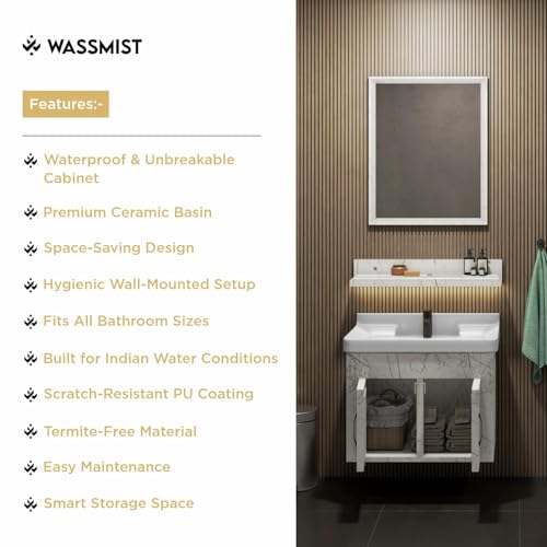 Image of WASSMIST Bathroom Vanity Washbasin Cabinet with Mirror & Shelf | Wall Mounted Wash Basin with Cabinet Full Set | Waterproof & Unbreakable (Cream)