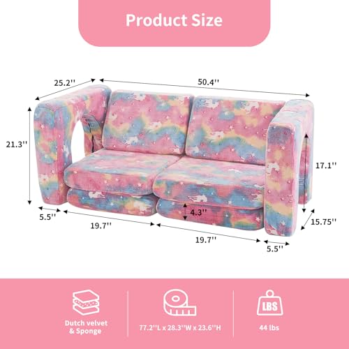Kids Couch 10PCS, Modular Kids Play Couch for Playroom Bedroom, 10 in 1 Multifunctional Kid Sofa for Playing, Creativing, Sleeping, Indoor Toddler Couches for Boys and Girls(Glowing Unicorn Pink)