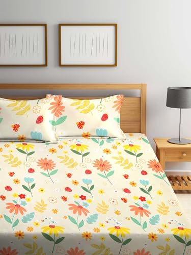 Image of 240 TC Cotton Feel Glace Cotton Elastic Fitted Printed King Size Double Bed Bedsheet with 2 Pillow Covers and Fits Upto 4-6 inches Mattress, Size- 72 inchx78 inch(Cream)