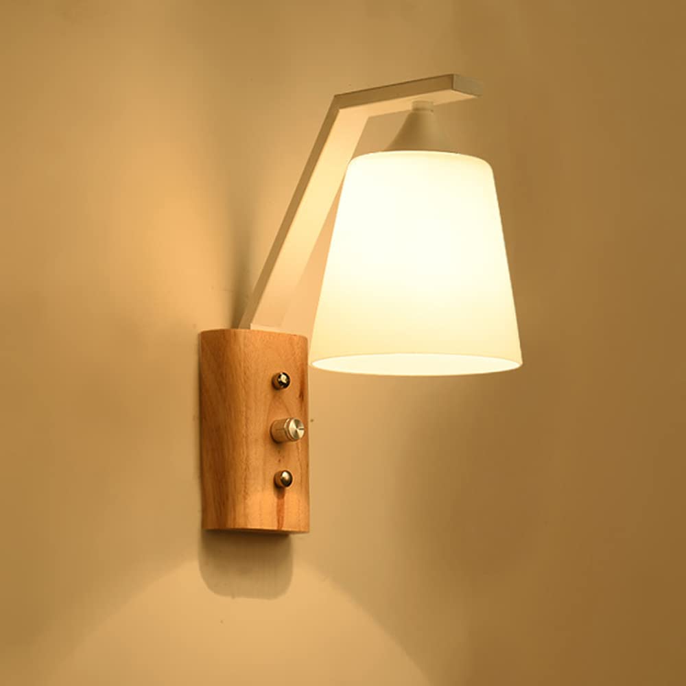GANGUIO Japanese Wall Light Indoor Wooden Wall Lamp丨Wood Wall Lamp With Glass Shade丨Simple Wall Sconces For Bedroom, Living Room, Hallway, Country House, Hotel丨E27, Max 40W