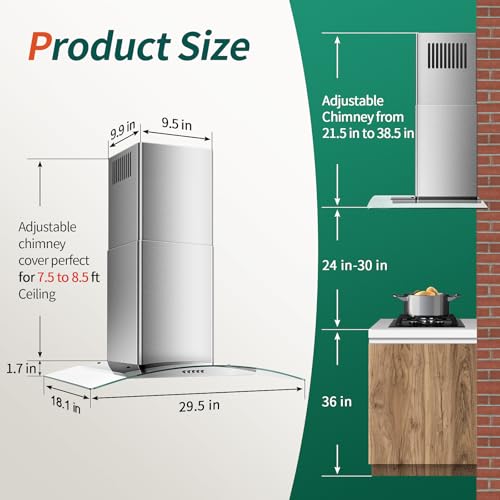 Image of Range Hood 30 Inch, Tieasy Wall Mount Kitchen Hood with Ducted /Ductless Convertible Duct, Stainless Steel Chimney and Aluminum Filters, LED Lights, 3 Speed Fan, Push Button