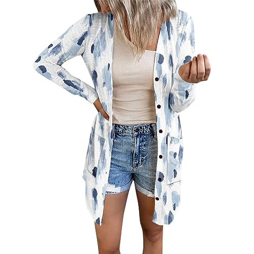 RMBLYfeiye Strickjacke Damen Lang Mit Kapuze Dünne Hoodie Jacke Blumenmuster Leichte Übergangsjacke Knopfleiste Elegant Cardigan Langarm Fleecejacke