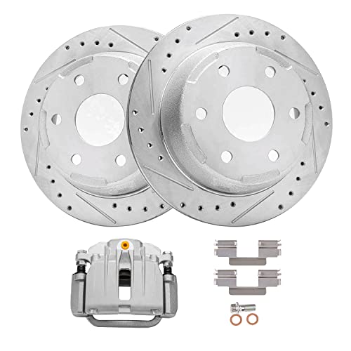Image of Detroit Axle - Rear Brake Kit for 03-06 Chevy Silverado GMC Sierra 1500, Drilled & Slotted Disc Brake Rotors Brake Caliper 2003 2004 2005 2006 Replacement