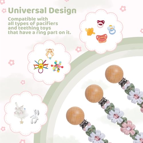Image of Pacifier Clip for Boys Girls Floral Daisy Macrame Baby Paci Clip Pacifier Holder Leash Boho Wooden Clips Handmade Braided Cotton Binky Clips (2pack:Misty Rose & Green Daisy)