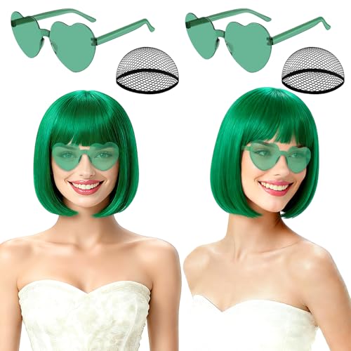 Image of 2 Pack Green Short Bob Wig with Bangs for Women, Girls Neon Bobs Colorful Party Wigs with Heart Sunglasses for St. Patrick's Day Green Themed Party Nightclubs Bachelorette Party Fancy Dress