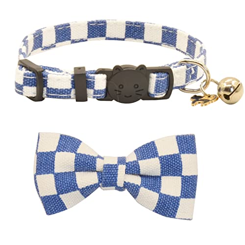 Image of Bowtie Cat Collars Breakaway with Bell, Adjustable Cute Kitty Collars Safety Buckle Kitten Collar for Cat Puppy 7.5-11in (Blue Plaid)