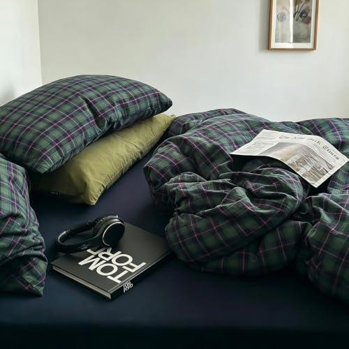 Image of VM VOUGEMARKET Green Gingham Duvet Cover King 100% Washed Cotton | Classic Green Navy Pink Plaid Checkered Comforter Cover Set for Contemporary Bedroom Decor