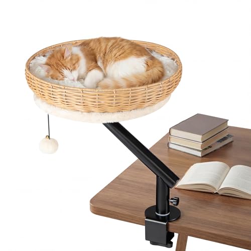 COSTWAY Letto per Gatti da Scrivania Girevole 360°, Cuccia per Gatti in Rattan PE con Cuscino in Peluche Rimovibile, Amaca con Morsetto per Spessore 1,5-4,5 cm, Cuccia Salvaspazio per Ufficio e Casa