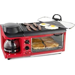 Nostalgia 3-in-1 Breakfast Station – Includes Coffee Maker, Non-Stick Griddle, and 4-Slice Toaster Oven – Versatile Breakfast Maker with Timer – Red