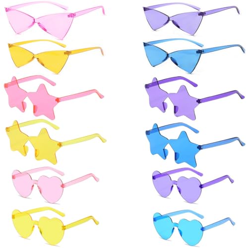 12 Pièces Glasses, Étoile, Triangle, Lunettes coeur, Funny Party Glasses for Kids and Adults, Magic Colours Hippie Glasses for Birthday Party Accessories...