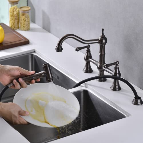 Grifo de cocina de puente de dos asas para fregaderos profundos 6