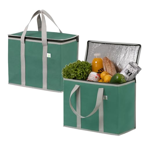 VENO 2Pcs Reusable Cooler Bag, Large Cooler Bag with Lid, Durable Handles, Double Zippers, Stand-up Shopping Bag, Foldable Lunch Bag, Picnic Bags (Dark Green, 2PCS)