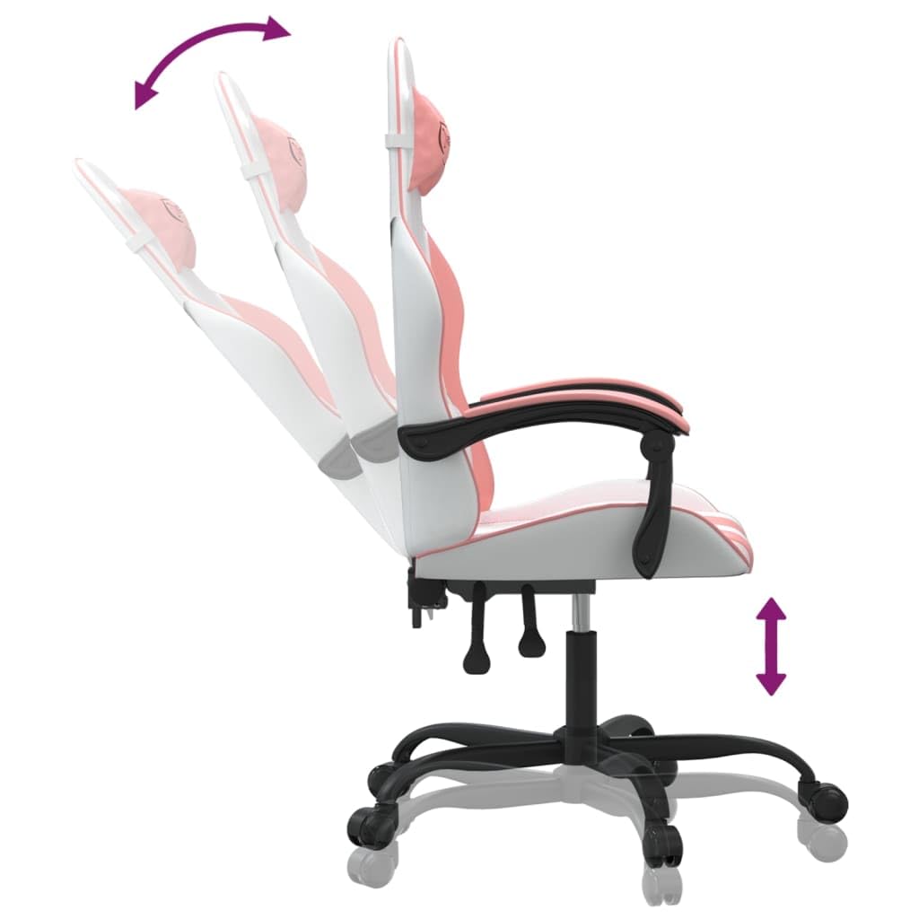 Gaming-Stuhl Weiß Rosa Kunstleder mit Wippfunktion und Lenden Nacken Kissen Ergonomisch, Drehbar, Verstellbare Rückenlehne, Fußstütze, für Homeoffice, Jugend, PC, Esport, bequem
