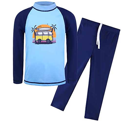 HUAANIUE Boys 3-12 Years Two Piece Long Sleeve 50+UV Swimsuit Shark Swimwear Kids Swimming Costume Sun Protection(Long BlueCar,140/146)