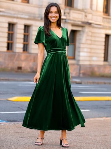 Image of Simplee Women's Velvet Maxi Dress V Neck Short Sleeve Empire Waist Semi Formal Long Cocktail Dresses