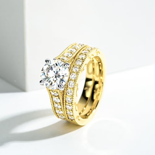 Idocare Main stones 1ct/2ct All Moissanite Rings Set for Women D Color Round Cut 14K Yellow Gold Plated 925 Sterling Silver2