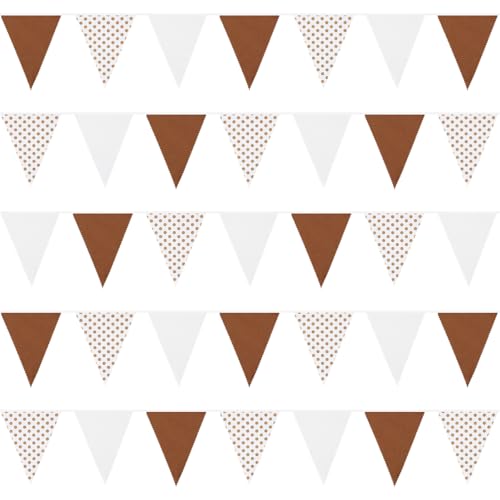 Image of Zwiebeco 39Ft Brown White Dot Fabric Bunting Banner Triangle Flags Cotton Garland Pennant for Birthday Wedding Forest Wild One Safari Party Home Outdoor Garden Decorations