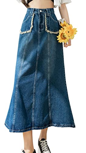 CHARTOU Women's Retro High Waist Long Denim A Line Maxi Skirt with Pockets3