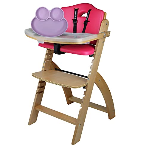 Abiie Beyond Junior Wooden High Chair (Natural Wood/Pink Cushion) and Octopod Silicone Baby Food Dish (Pink Lavender), High Chair and Suction Plate for Babies and Toddlers Bundle, Feeding Accessories