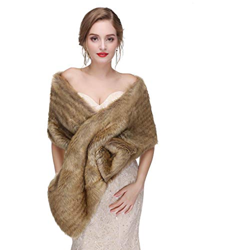 CanB Women's Large 1920 Faux Fur Shawl Bridal Wedding Fur Wraps and Bolero Faux Mink Shrug for Women and Girls (Brown)