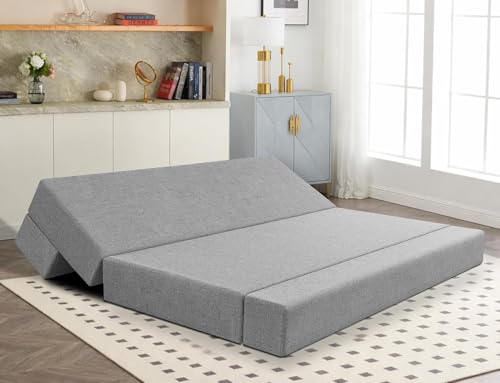 Image of Los Angeles Foldable Four Seater Sofa Cum Bed, Sofa Bed 6 X 6 Feet Jute Fabric Washable Cover Including 4 Cushion Perfect for Living Room & Office, Guest Room - Grey Color