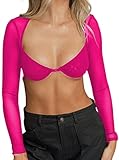 Remidoo Women's Sexy Long Sleeve Sweetheart Neck Sheer Mesh Crop Top T-Shirt Hot Pink Large