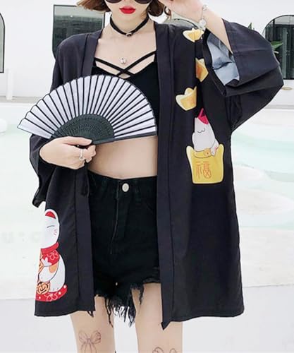 Image of LAI MENG FIVE CATS Women's Lucky Cat Cardigan Kimono Loose Cover up Casual Blouse Cute Tops