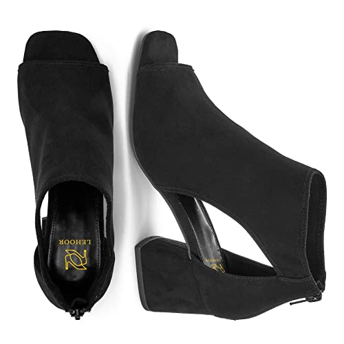 Lehoor Women Chunky High Heel Booties Suede Open Toe Side Cut-Out Ankle Boots Back Zipper Suede 2” Block Stacked Heel Summer Office Dress Heeled Ankle Sandal Booties Casual Suede Black Size 8.5 #TOP1