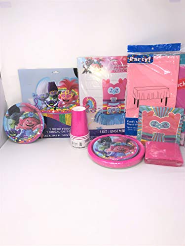 DBBL Trolls Party Bundle 1 Table Cloth 54x84 inches, 1 Fringe Curtain, 1 Table Decorating Kit, 2 Napkins, 1-8ct Cake Plate, 1-20ct Dinner Plate, 1-10ct Cups