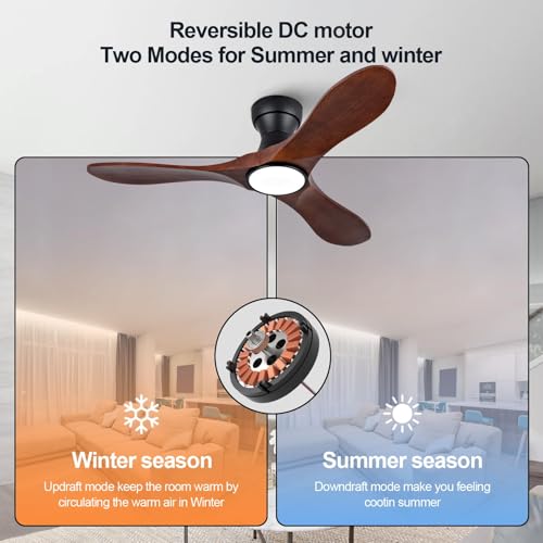 Image of 42 Inch Wood Flush Mount Ceiling Fans with Lights and Remote, Dimmable 3 Blade Wood Bedroom Ceiling Fan Outdoor Ceiling Fans for Patios Low Profile Ceiling Fan with Light for Bedroom Living Room