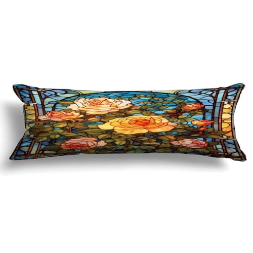 Zipped Body Pillow Case Cover,Valentine's Day Red Pink Rose Floral Stained Glass Decorative Rectangle Accent Long Body Pillowcase 20x59in Mother's Day Birthday Gifts Christmas for Women Girl Mom