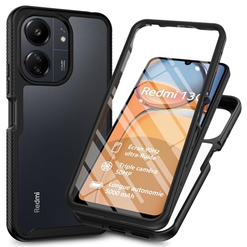 RonRun Kompatibel mit Xiaomi Redmi 13C/Poco C65 Hülle 360 Grad vollschutz Stoßfest Handyhülle Transparent Hülle Silikon Bumper Cover mit eingebautem Displayschutz Schwarz