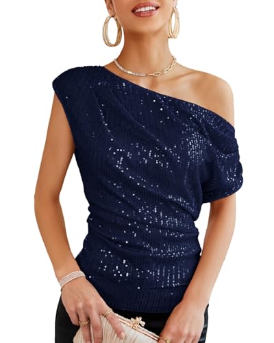 GRACE KARIN Damen Pailletten Oberteil One-Shoulder Asymmetrisch & Voll Gefüttert Festliches Party Outfit Dunkelblau M