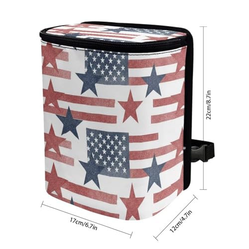 Image of Talayituse Star American Flag Print Car Trash Bin, Large Size Auto Trash Can Adjustable Portable Garbage Can with Lid, Vehicle Hanging Bag for Headrest Front Back Seat 4th of July Decor